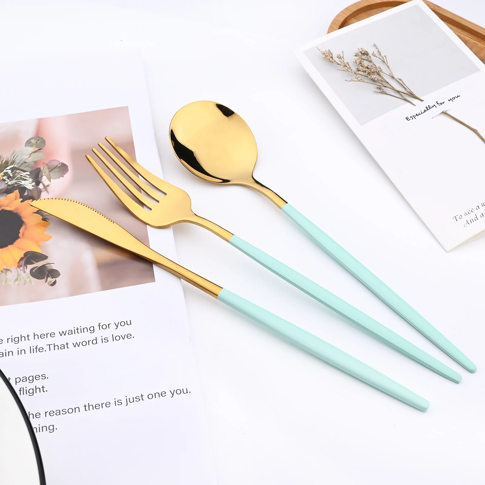 48pcs Mint Green Gold Dinnerware Set Stainless Steel Tableware Set Dinner Knife Fork Spoon Cutlery Set Bright Light Dropshipping