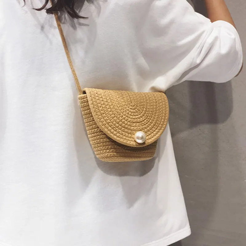 

Designer Pearl Buckle Rattan Women Bucket Bags Beach Vacation Shoulder Messenger Bag Lady Tote Handbags Purse Bolso Mujer 2021