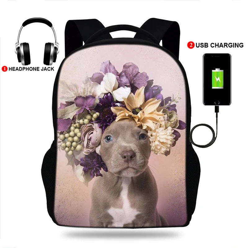 17-Inch Flower Power Luvable Puppy Backpack For Teenagers USB Charge Print Girls Rucksack Children School Bag