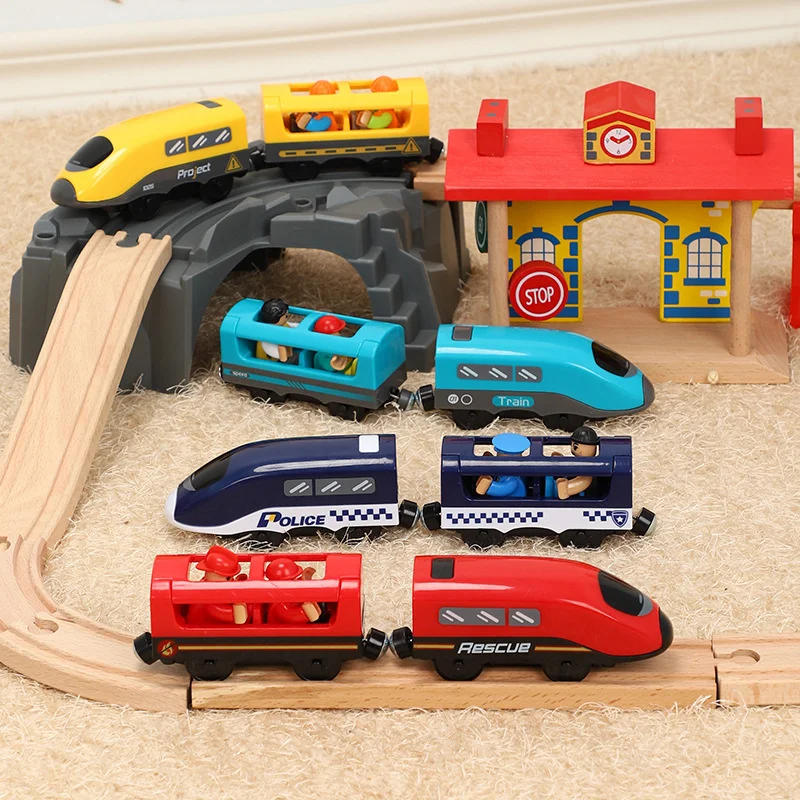 Wooden Train Railway Accessories Electric Train Magnetic Rail Car Diecast Slot Fit For All Brands Train Track Toys For Children