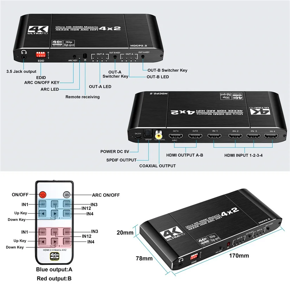 4K @ 60Hz HDMI 매트릭스 4x2 스위치 분배기 지원 HDCP 2.2 IR 원격 제어 HDMI 스위치 4x2 Spdif 4K HDMI 4x2 매트릭스 스위치