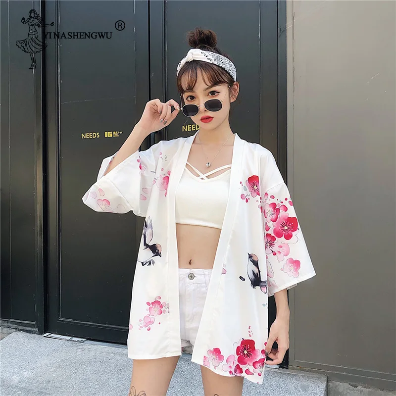 Kimono con estampado Kawaii de grulla para mujer, traje de 14 estilos, camisetas Yukata Harajuku, cárdigan japonés Haori para chica