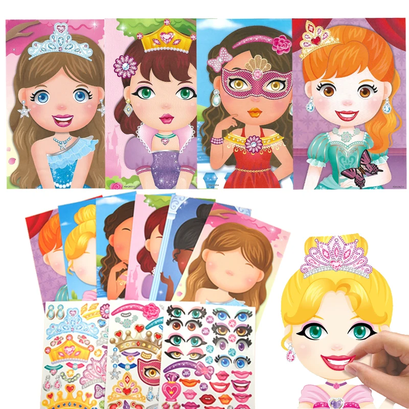 Kids DIY Reusable Stickers Make a Princess Cartoon Animals Dinosaur Change Face Puzzle Games Assemble Toys For Children Gifts