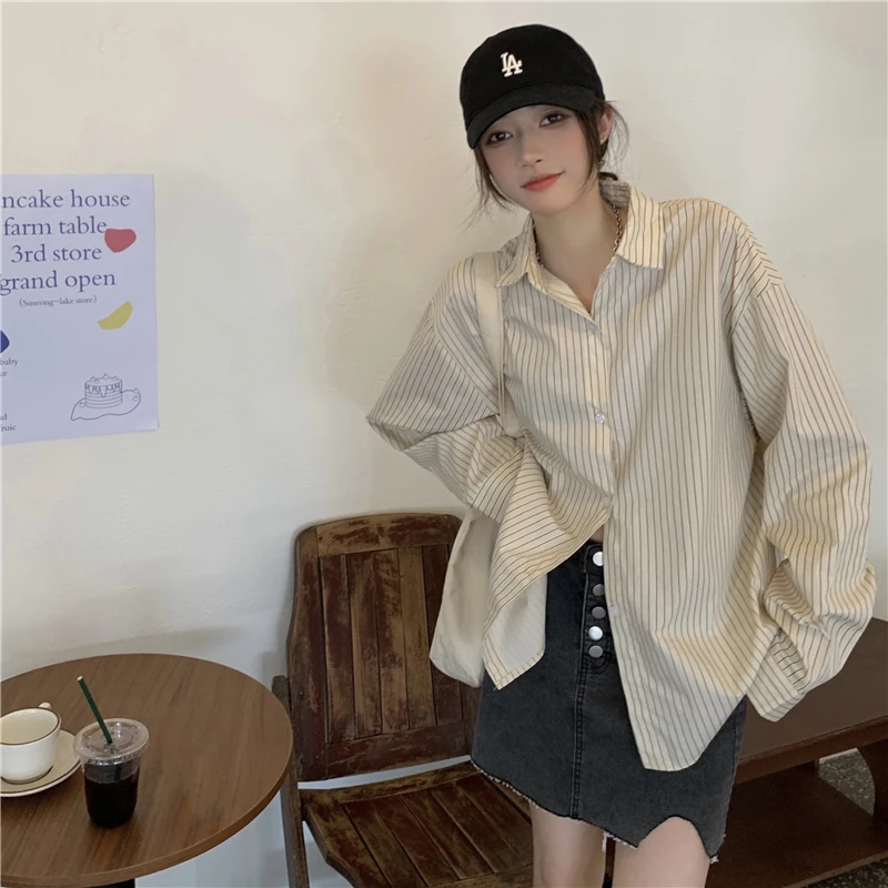 

Autumn Youthful Fresh Striped Shirts Women Loose All-Match Casual Office Lady Temperament Lapel Long Sleeve Thin Female Coats