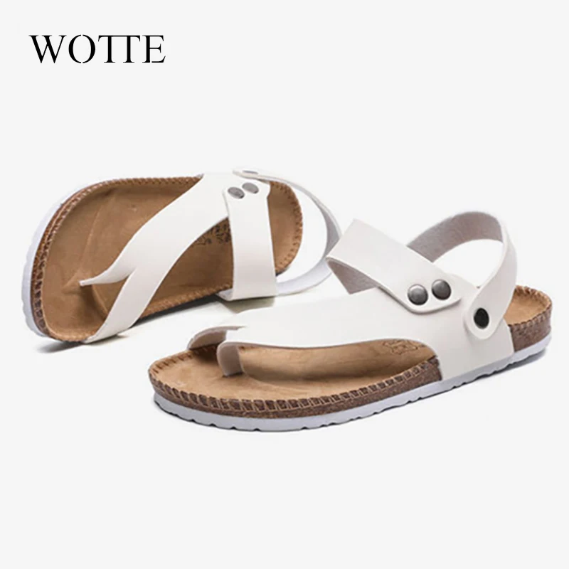 2021 Zomer Mannen Sandalen Kurk Strand Pu Leer Vrouwelijke Schoenen Terug Riem Zachte Bodem Comfort Solid Dames Schoenen Big Size 45