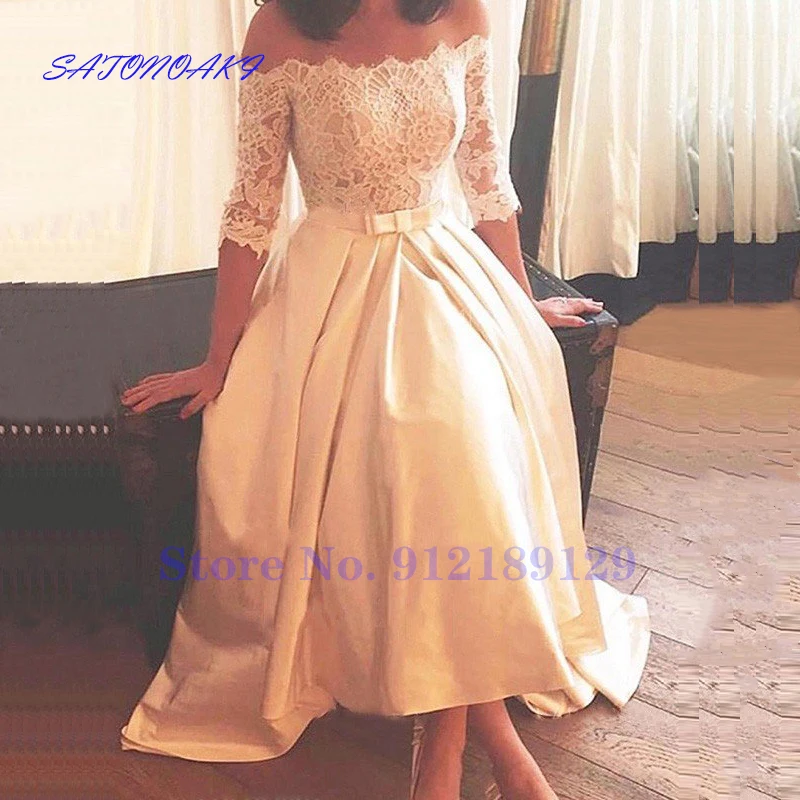 Vestidos De Novia ล่าสุดที่สวยงามสั้นชุดแต่งงานลูกไม้ปิดไหล่3/4แขนคอ Bateau ชุดเจ้าสาว Robe De Mariée