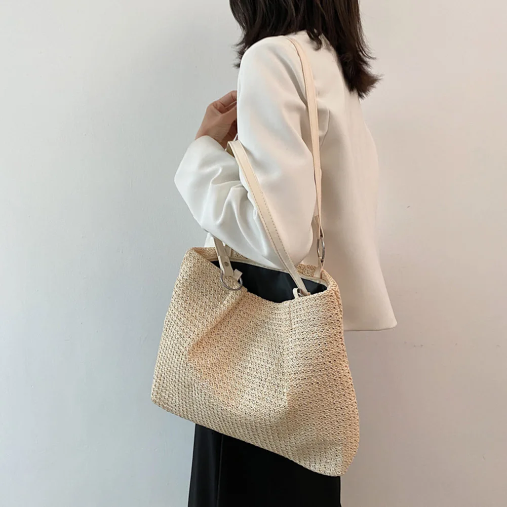 Large Capacity Summer Casual Beach Vacation Women Shoulder Bags Fashion Straw Woven Simple Solid Ladies Shopping Handbags Totes