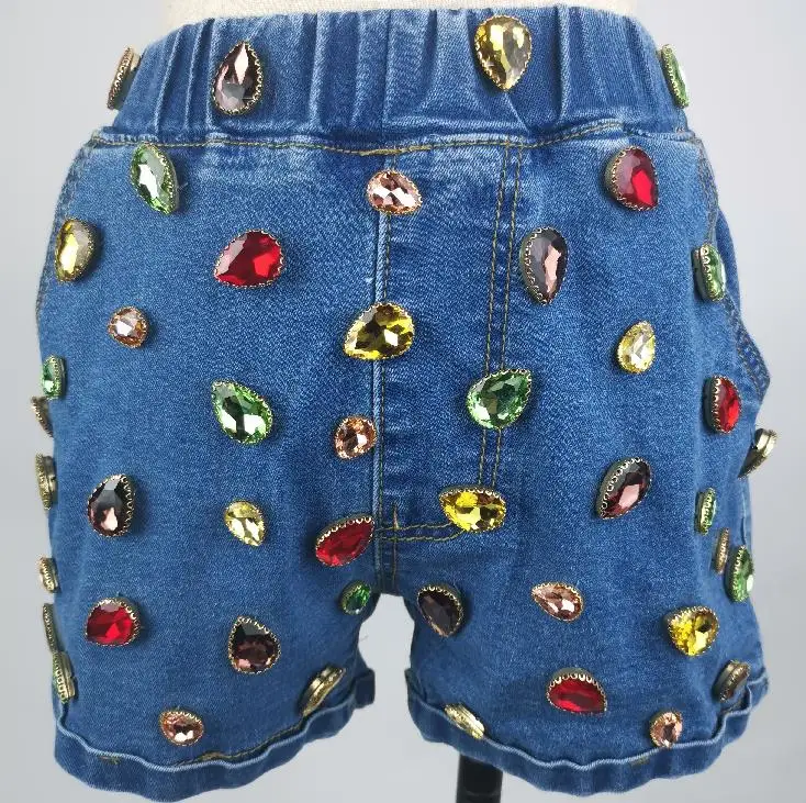 

2023 Summer Wear Heavy Tassels Nail Diamond Beads High All-match Waist Denim Shorts Women