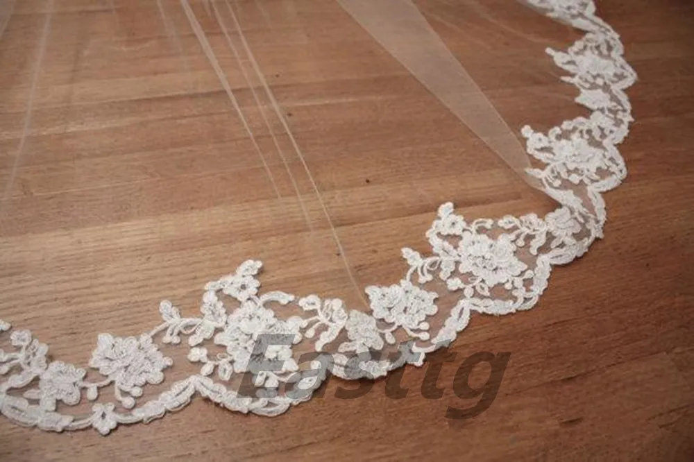 Véu de noiva branco/marfim, 2m, 3m, 4m, acessórios para casamento, longo com pente, renda, mantilla, igreja, foto real