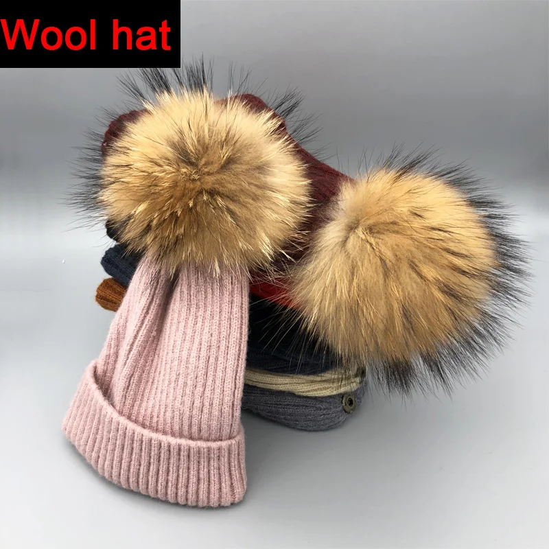 Winter spring wool Hat Knitted Skullies Casual Women hat Natural fox Fur Pompom Hats