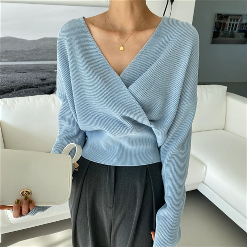 

2021 New Spring Women tops Simply Solid Knitted pullovers V-neck Long sleeve Cotton Korean fashion style female tops