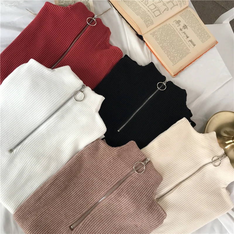 Casual Zipper Sweater Women Half Turtleneck Solid Autumn Female Knitted Sweater Pullovers Long Sleeve Chic Soft Jumper Tops Sexy