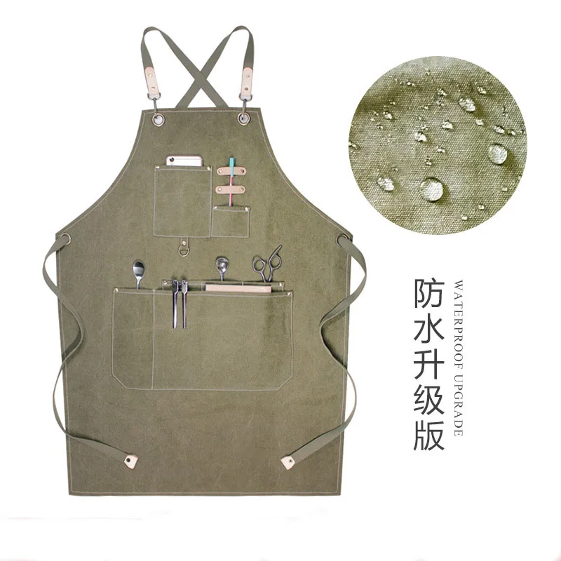 Canvas Apron Bib Chef Kitchen Apron For Women Men Barista Bartender Pockets Pinafore Barber Coffee Restaurant BBQ Potect