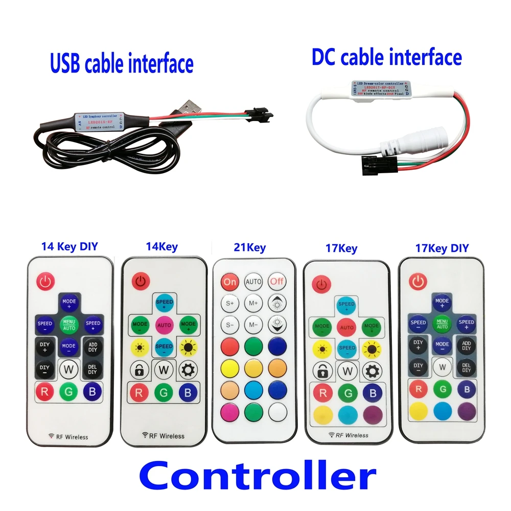 DC5-24V 14Key 17Key 21Key Mini RF Led Controller Dimmer For 3PIN Individually Addressable Strip Pixels Ring And Screen DC/USB