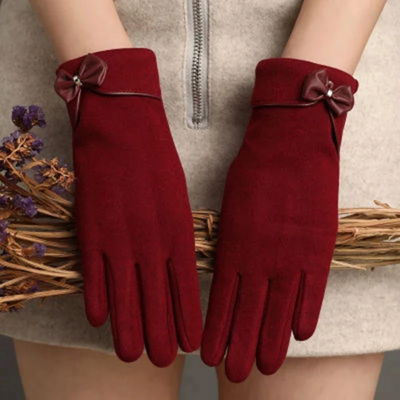 Female Cashmere Bow Plus Velvet Full Finger Cycling Warm Mittens Winter Women Suede Leather Touch Screen Driving Glove H80