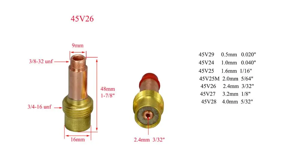 TIG Collets Body Gas Lens 45V26 2.4mm & 3/32