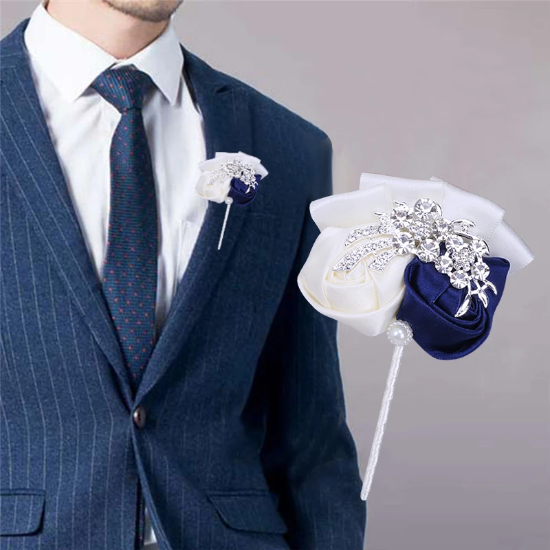 2021 Hot Sale Wine Red Men\'s Corsage Groom Lapel Pin Ribbon Rose Rhinestone Handmade Business Wedding Supplies XH0688