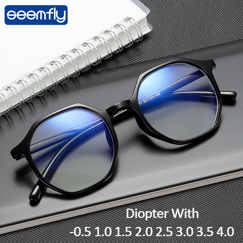 

seemfly Polygon Women Men Finished Myopia Glasses Diopter -0.5 1.0 1.5 2.0 2.5 3.0 3.5 Ultralight Nearsighted Eyewear Frame