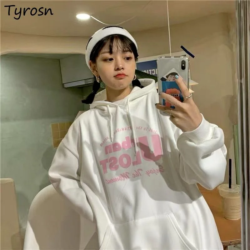 

With Hat Hoodies Women Pocket All-match Students Loose Spring Long Sleeve Tops Harajuku Letter Design Chic New Leisure Simple