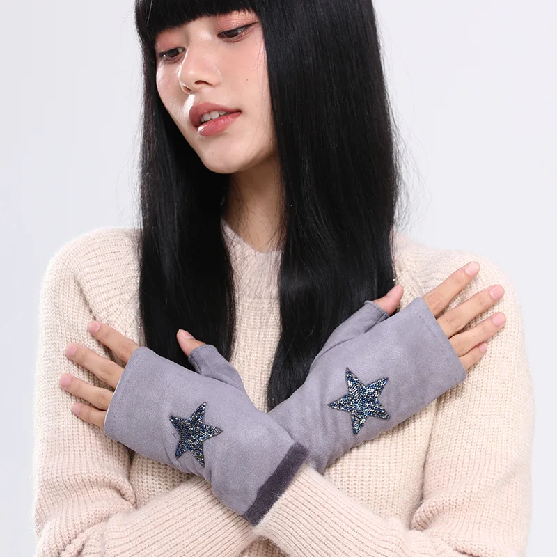 

Autumn Winter Women Suede Keep Warm Touch Screen Single Layer Windproof Cartoon Cycling Cute Elasticity Half Finger Gloves