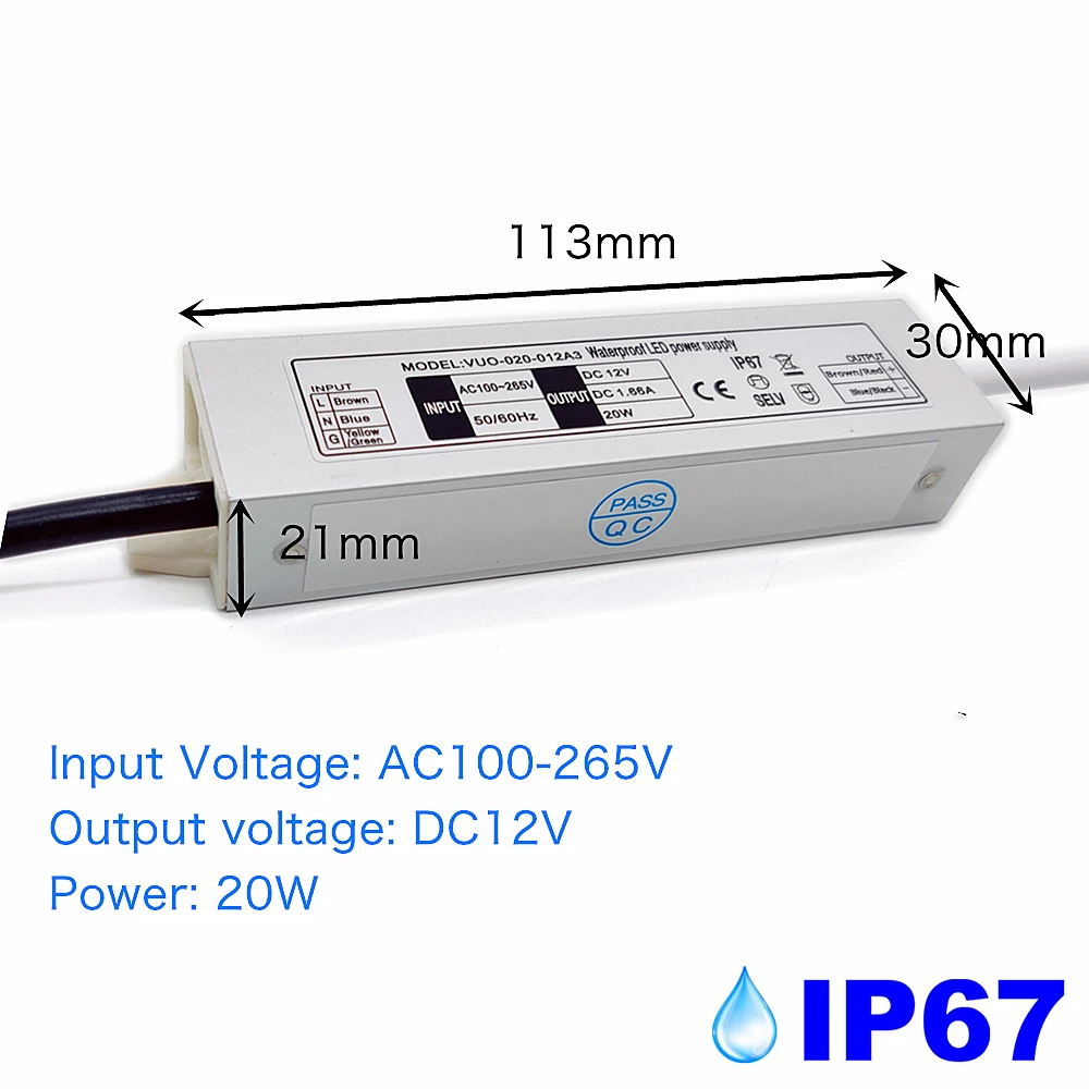 IP67 Waterproof LED Driver 12W 20W 36W LEDs Power Supply 12V Input AC100-265V Power For DC12V Lighting Transformer