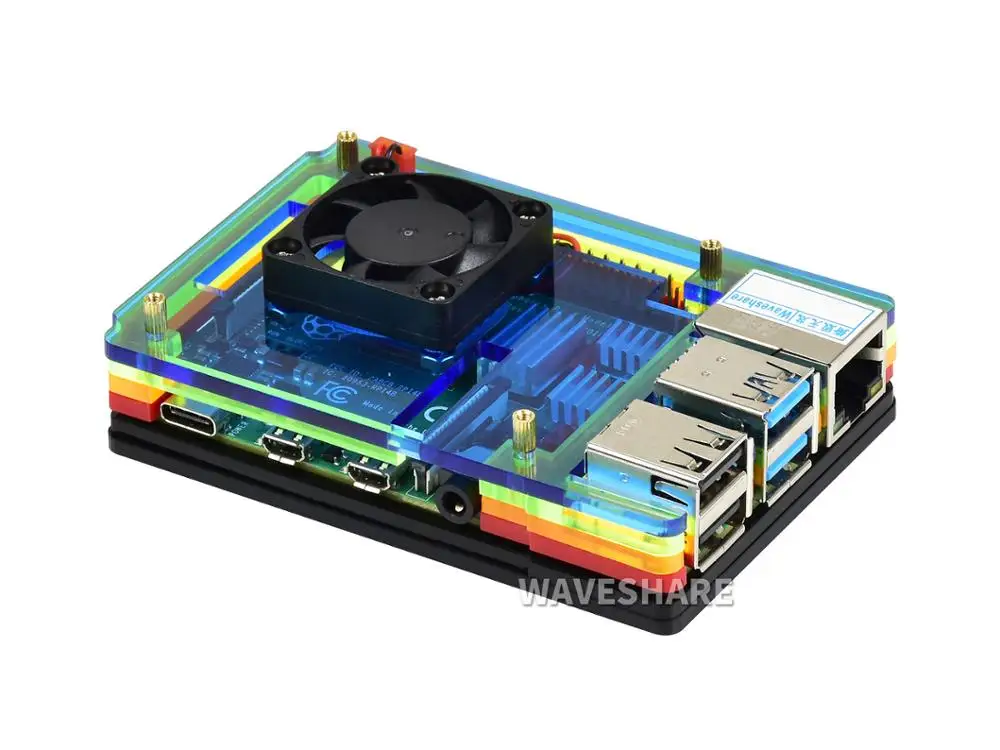 

Waveshare Acrylic Case for Raspberry Pi 4 with Cooling Fan Colorful Rainbow Black/White Color