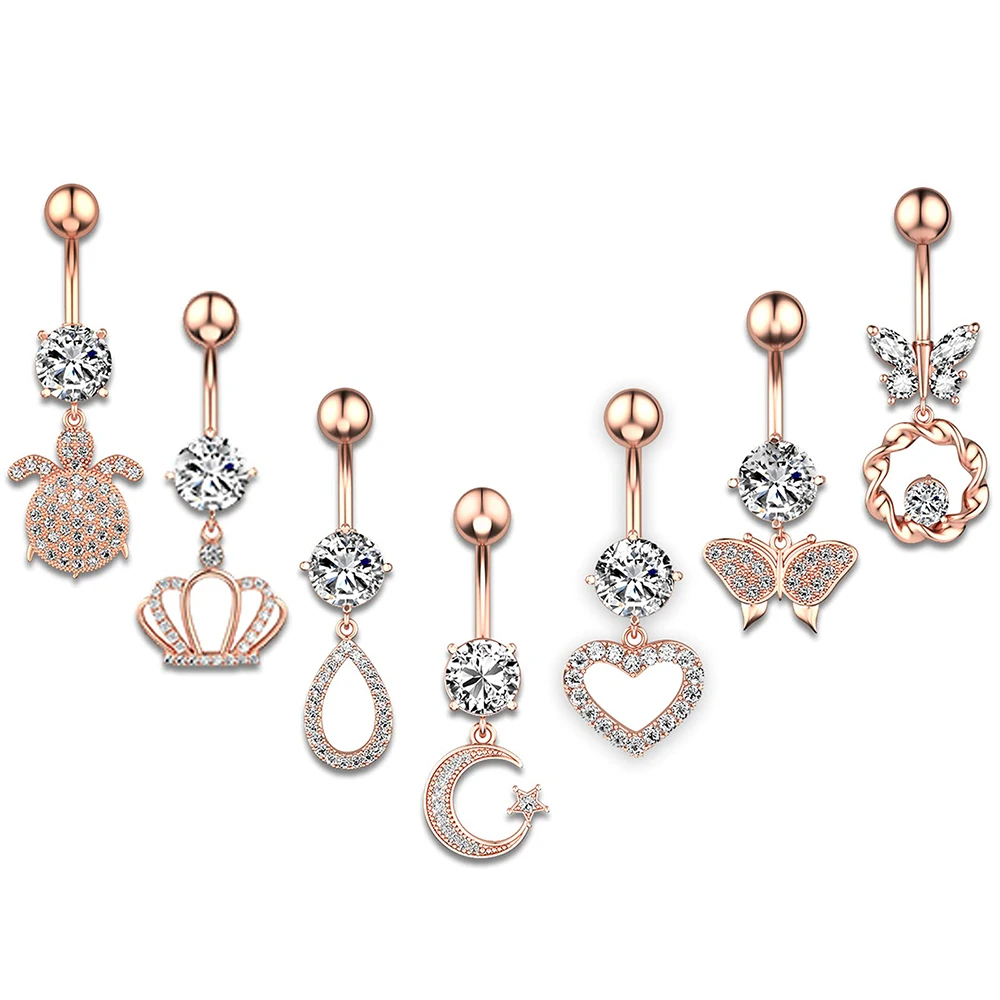 7pcs/lot Mixed Styles Curved Barbell Belly Piercing Ombligo Set Steel CZ Belly Button Ring Navel Rings Body Piercing Jewelry