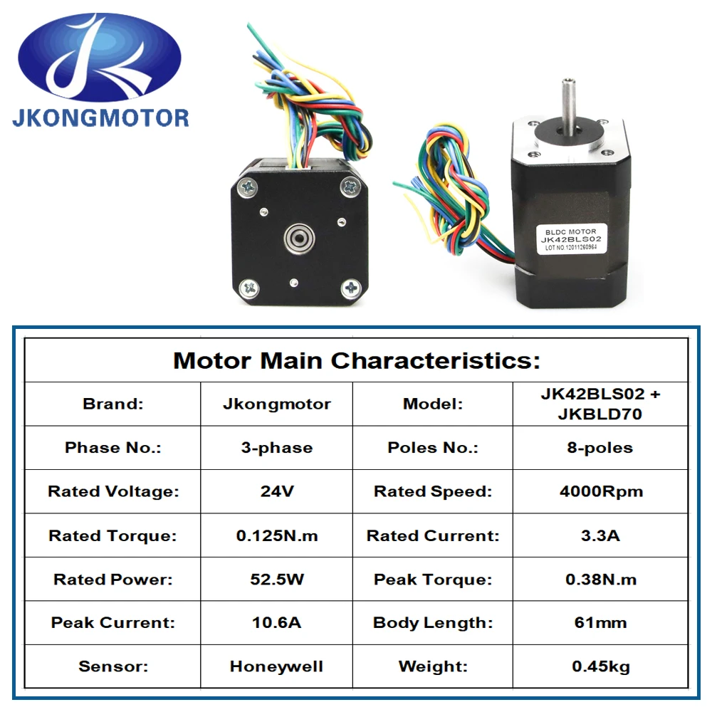 Jkongmotor 42BLS02 4000rpm Brushless DC Motor Kits 61mm 24V 52.5W 3 Phase 8-poles 3.3A BLDC Motor For 3D Printer DIY Design