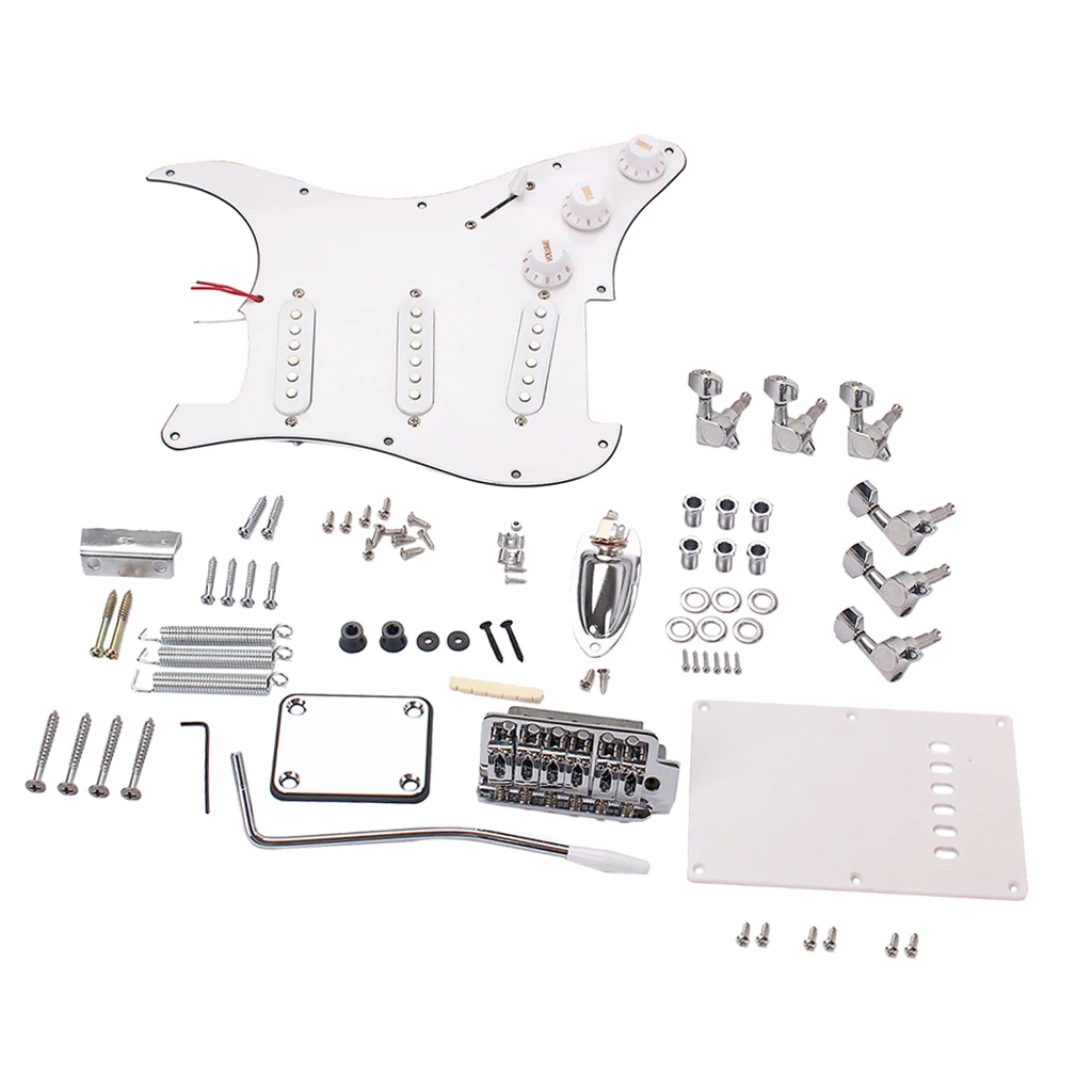 White Electric Guitar Tremolo Bridge System with 11 Holes Pickguard SSS Pickup, Back Plate, 1/4inch Jack Socket