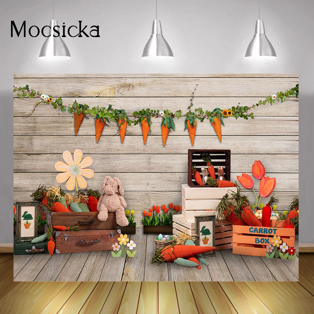 Easter Carrot Theme Baby Cake Smash Background Photo Studio Bunny Spring Kids Birthday Portrait Backdrop Flower Wood Board Decor