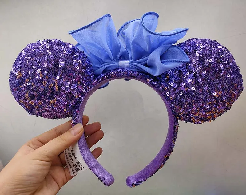 Disney Parks Minnie Blue Iris Sequin Purple Hydrangea Bow Headband Ears  NEW