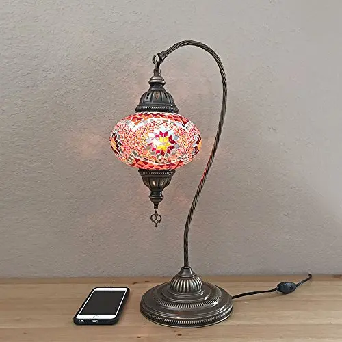 Moroccan Mosaic Glass lamp Swan Neck Turkish Moroccan Mosaic Glass lamp 7 ''1 Ball, bedside Lamp Light with Brass Base (Red)