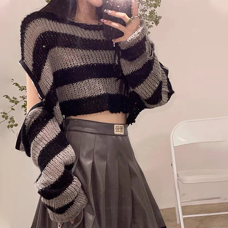 Lady Thin Zipper Off Shoulder Hollow Out Sweaters Gothic Striped Gray Red Women Short Length Pull Sweater Autumn Korean Jumpers