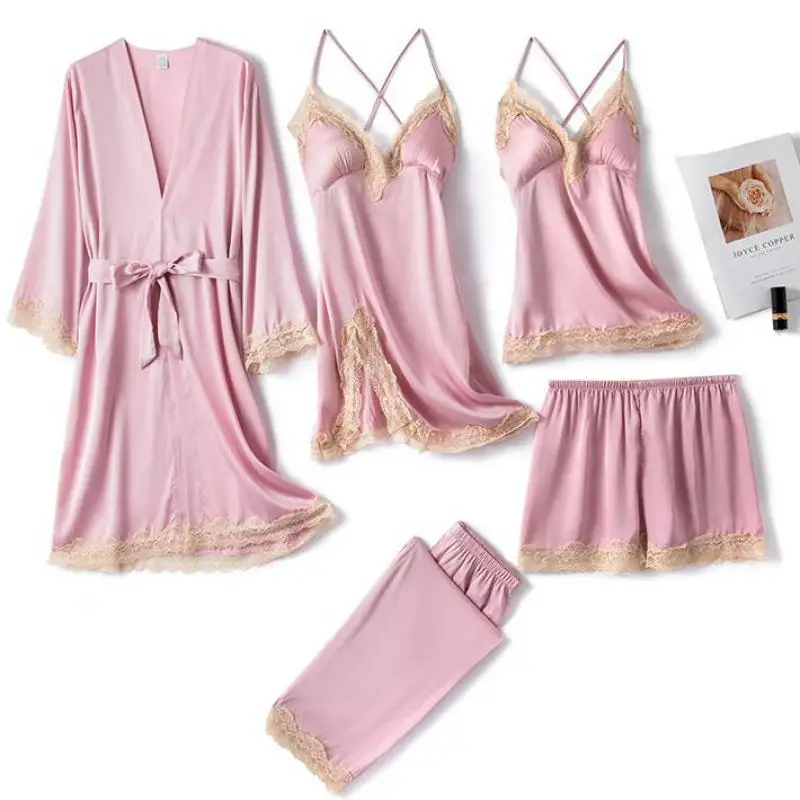 

Faux Silk Nightwear Sexy 5PCS Women Pajamas Suit Lace Sleepwear Pyjamas Homewear Casual Intimate Lingerie Kimono Bathrobe Gown