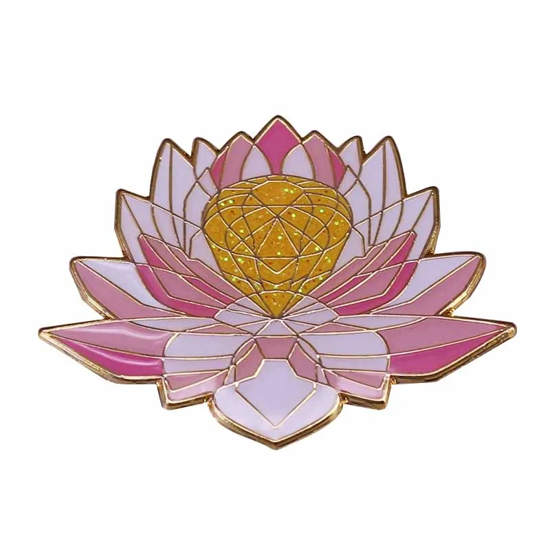 Pink Crystle Lotus Flower Enamel Pin Yellow Gem florals Brooch  symbol of purity, enlightenment, self-regeneration and rebirth