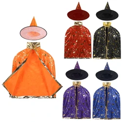 Kids Witch Halloween Costumes Wizard Cloak Cape with Pointed Hat Set Anime Cosplay Carnival Party \Girls Boys Magician Outfit