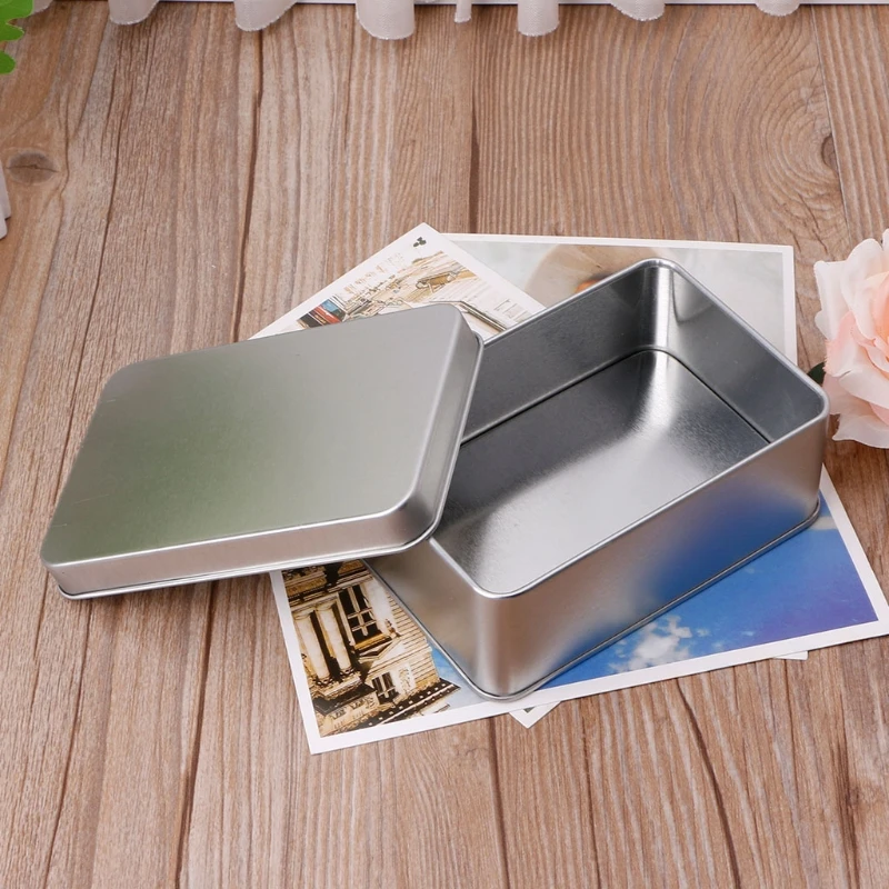 Metal Rectangular Storage Box Container with Lid, Small Tin Boxes Empty Containers Silver Storage Box Case Organizer Drop ship