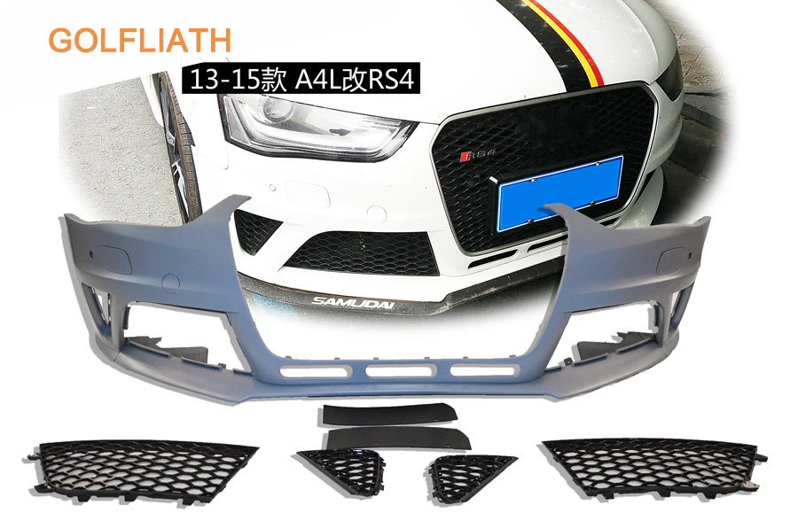 GOLFLIATH RS4 style PP+ABS unpainted front bumper kits Assembly upper grille grills front lip For Audi A4 2013-2015