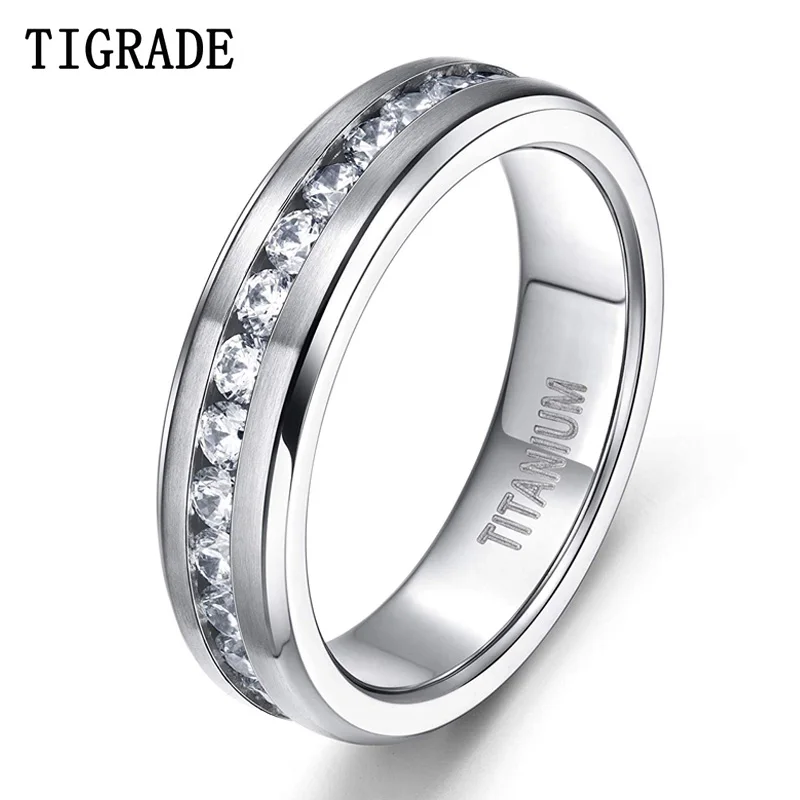 Tigrade 6/7/8mm Titanium Rings For Men Women Silver Color Cubic Zirconia Wedding Band Engagement Ring Couple Ring anillo mujer