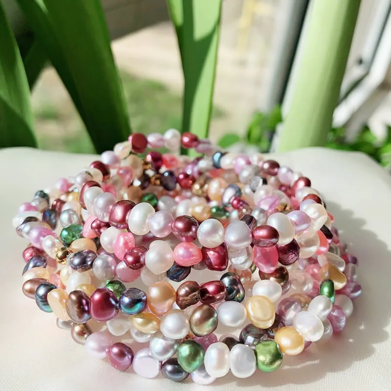 Colorful Natural Freshwater Pearl Bracelets for Women Jewelry Irregular Baroque Pearl Beaded Strand Elastic Bracelets Wedding