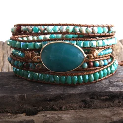 New Fashion Boho Bracelet Blue Natural Stones Grass Amazonite Charm 5 Strands Woven Wrap Bracelets Gift