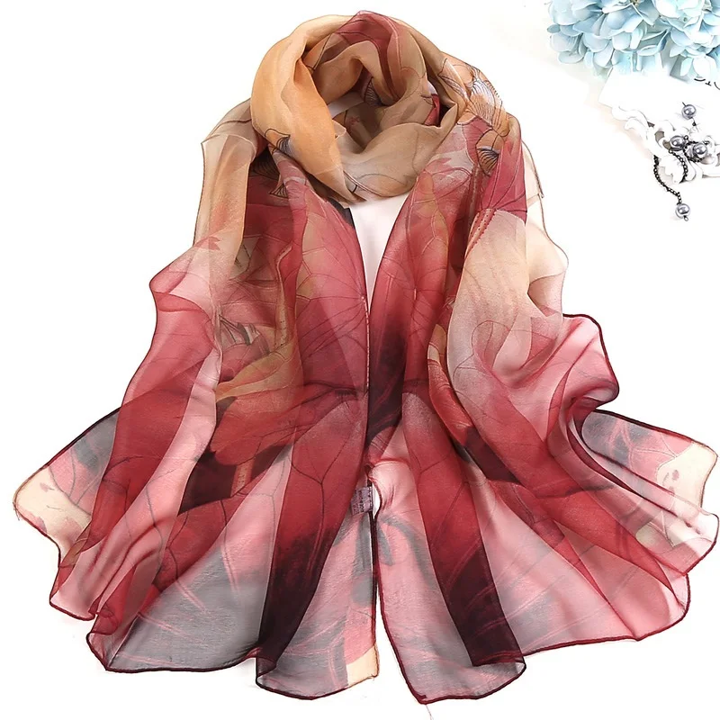 Multiple Colour Gradient Color Flower Chiffon Simulation Silk Scarf Women Foulard Lotus leaf Long Shawl Summer Bandana Elegant