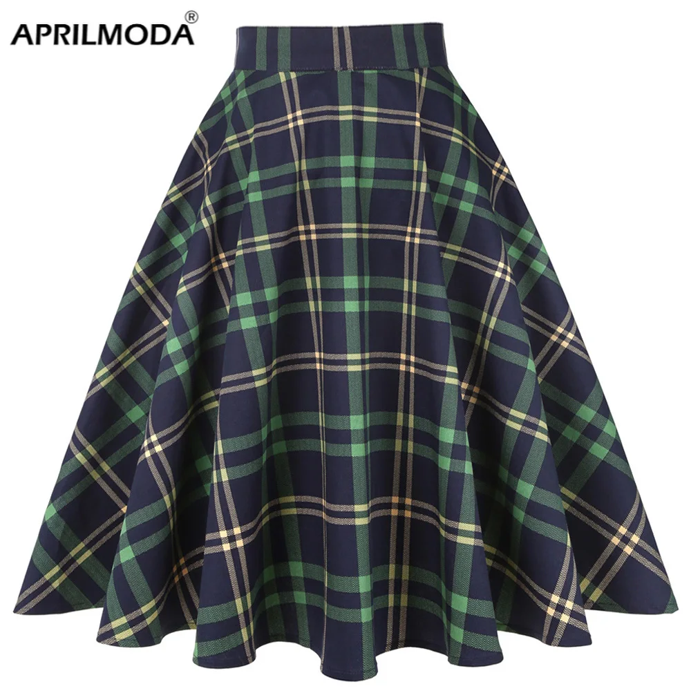 Plaid Print Casual Short Tunic Midi Skirt 2024 High Waist Blue Green Striped Women Skater Checkered 50s 60s Vintage Skirt Faldas