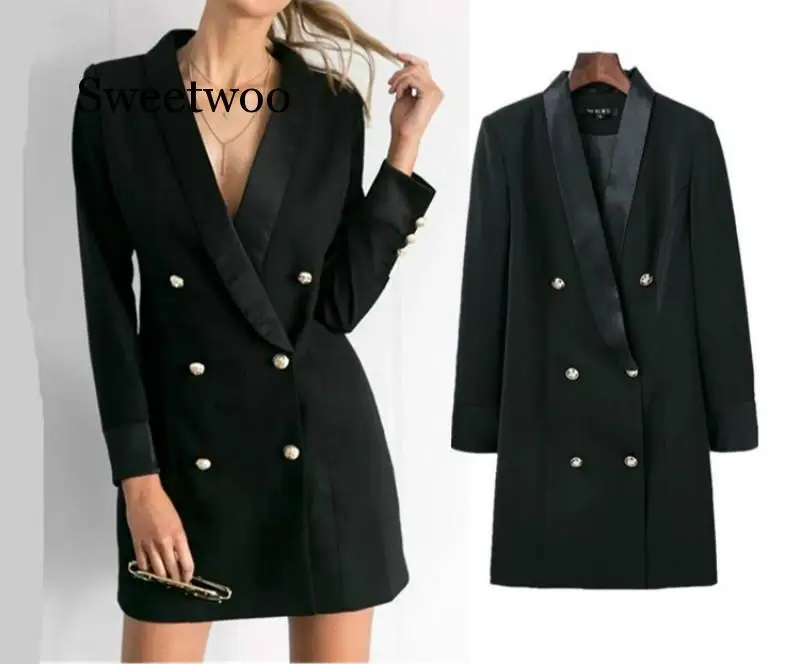 

Elegant Mini Woman Suits Dress Double-breasted Blazer Jacket OL Buttons Coat Notched Cardigan Tops Womens Blazer