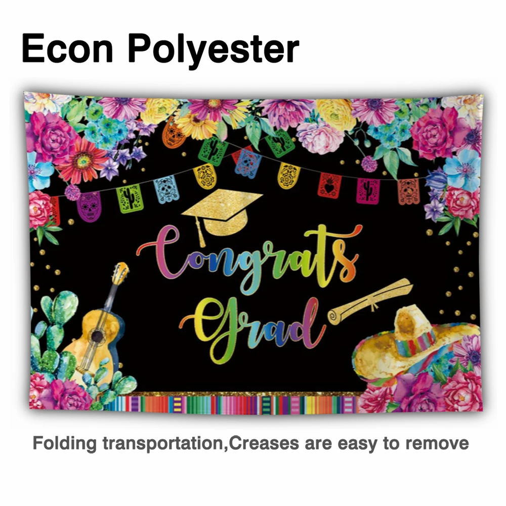 Funnytree Congrats Grad Bachelor Banner Colourful Flowers Backdrop Guitar Hat Mexican Fiesta Party Gold Dots Photo Background