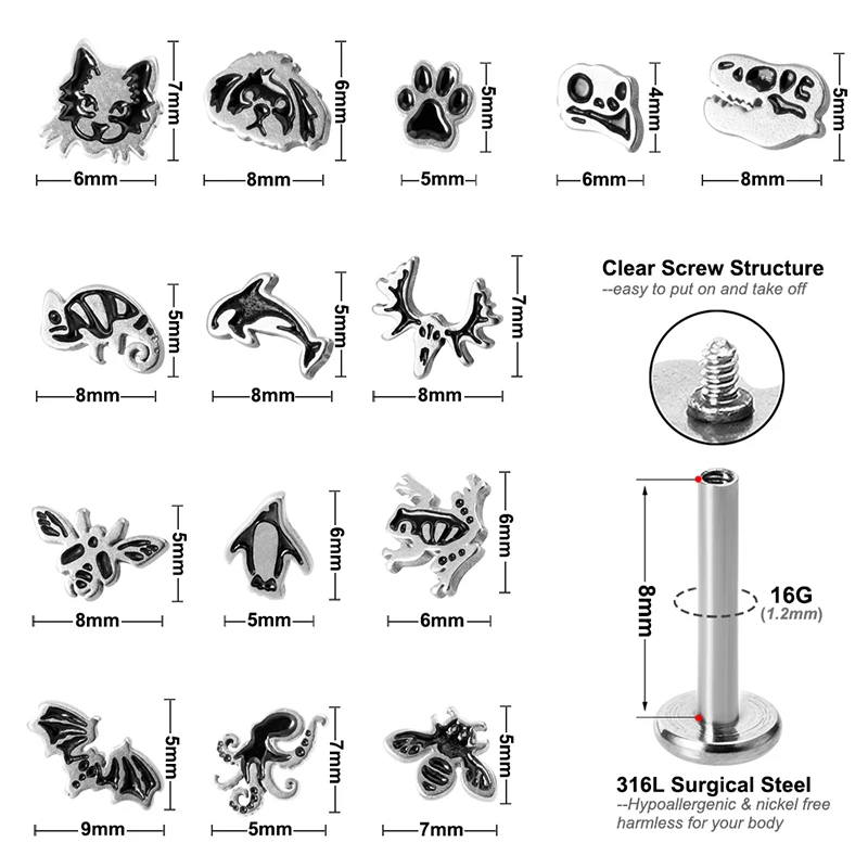1PC 16G Stainless Steel Animal Style Labret Monroe Lip Ring Cute Ear Studs Tragus Helix Cartilage Earring Stud Piercing Jewelry