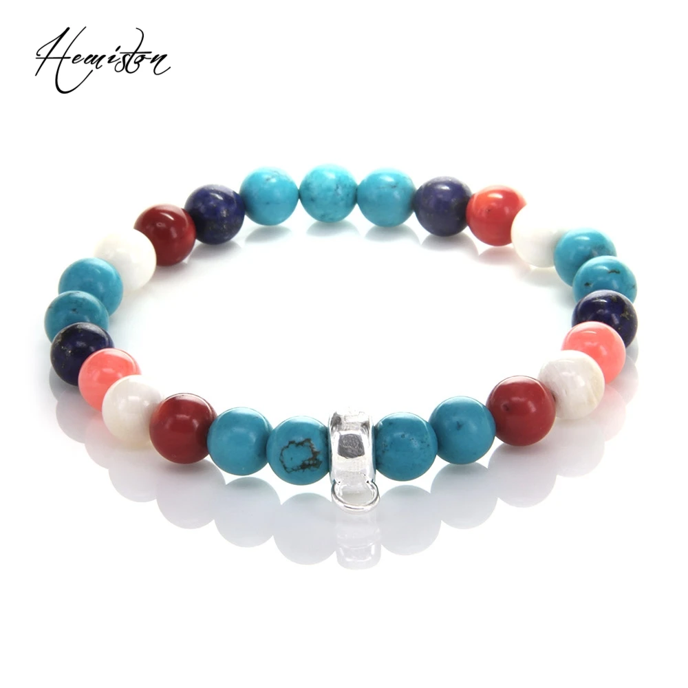 Thomas Coral Cyan Stone Colorful Material Mix Featuring Charm 925 Sterling Silver Bracelet, Glam Jewelry Soul Gift for Women