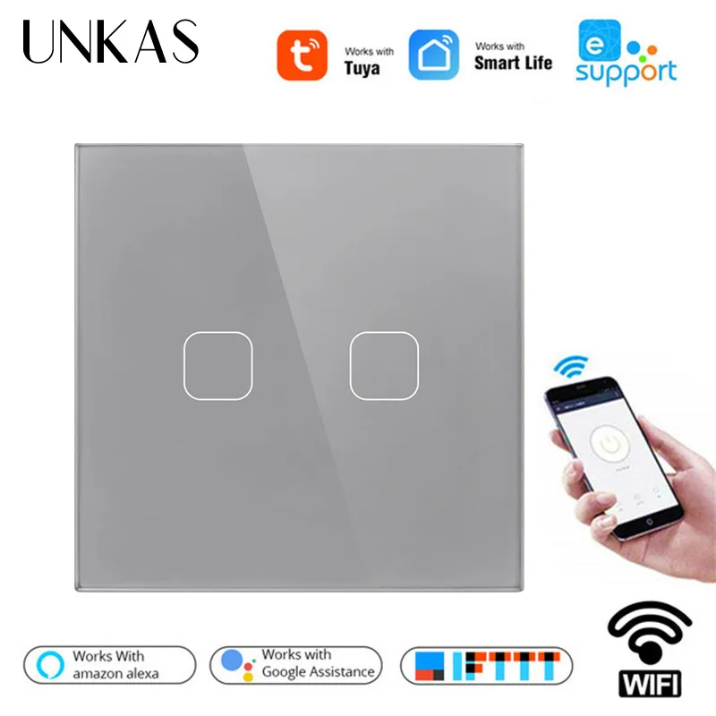 UNKAS Tuya/Smart Life/Ewelink 4 Warna EU Standard 1/2/3 Gang 1 Cara Akses Internet Nirkabel Lampu Dinding sentuhan Switch untuk Google Home Alexa Kaca