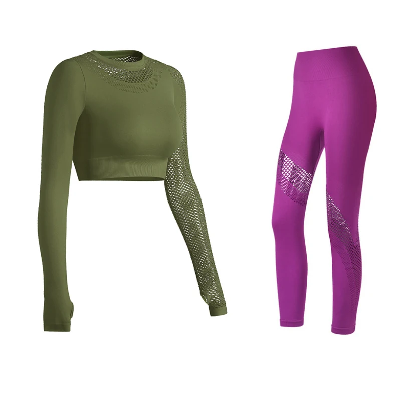 Hollow Out Seamless Yoga Set 2pcs Sport Outfits Women Active wear Long sleeve Crop Tops Leggings Workout Gym Fitness Sport Suit