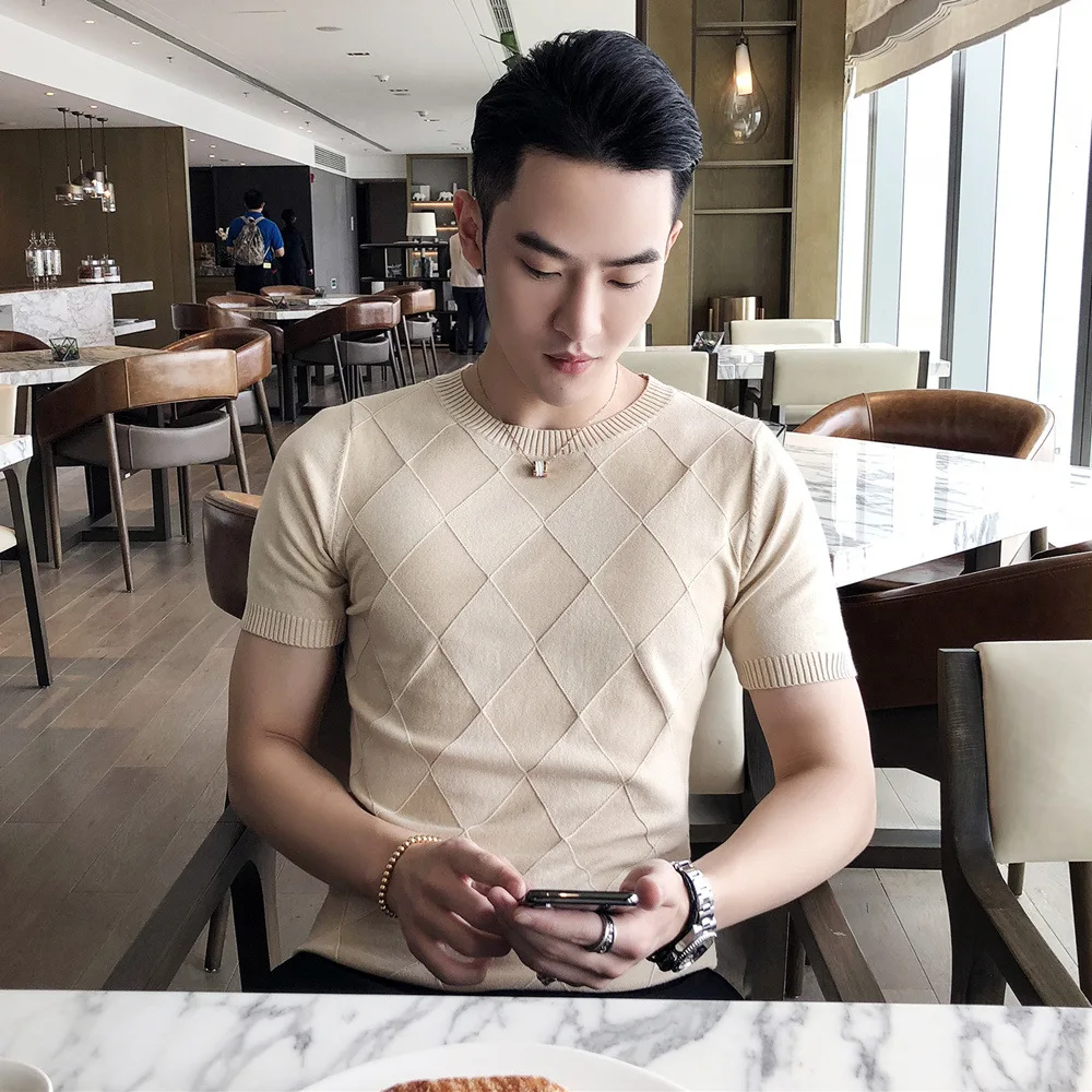 New Ice silk Fashion casual sweater men's 2022 Summer V-neck short sleeve thin sweater Viscose male slim bottoming shirt 359